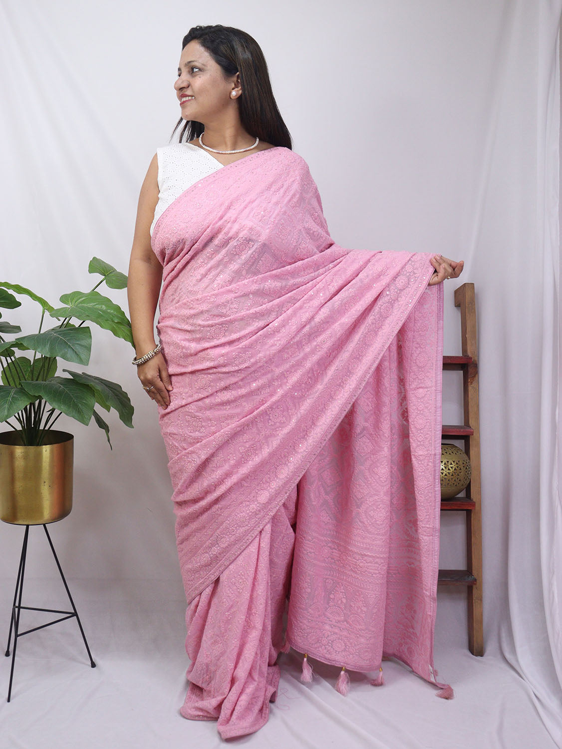 Pink Embroidered Chikankari Georgette Saree - Luxurion World
