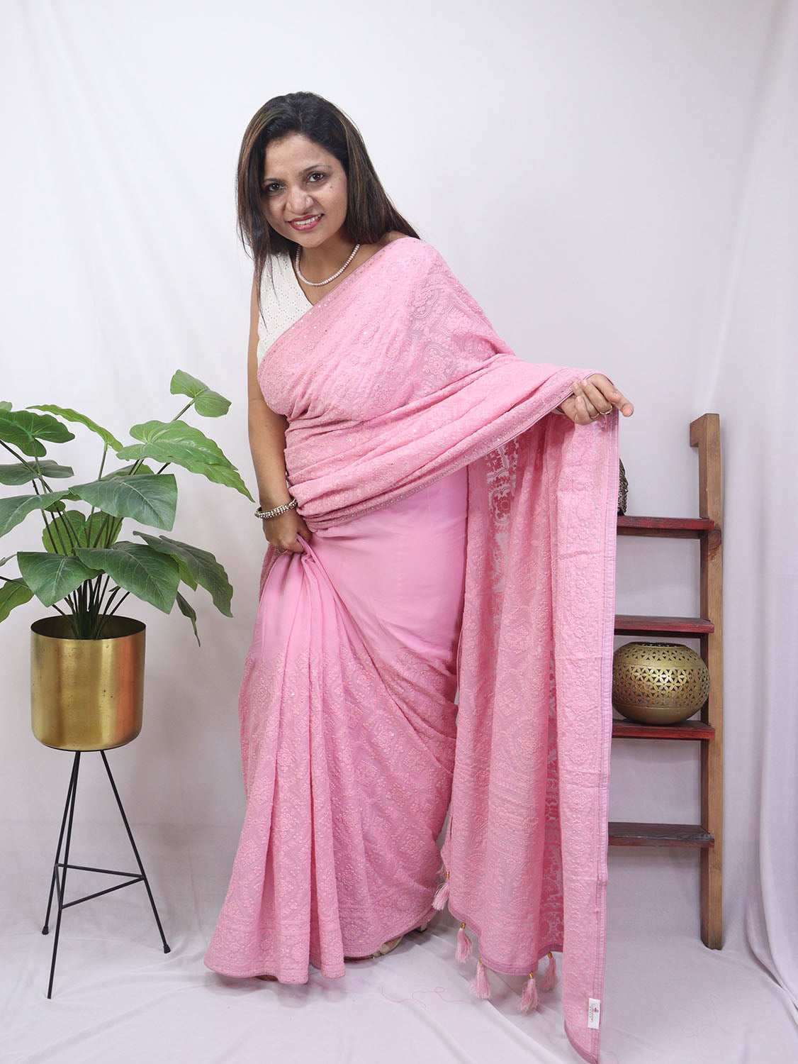 Pink Embroidered Chikankari Georgette Saree - Luxurion World