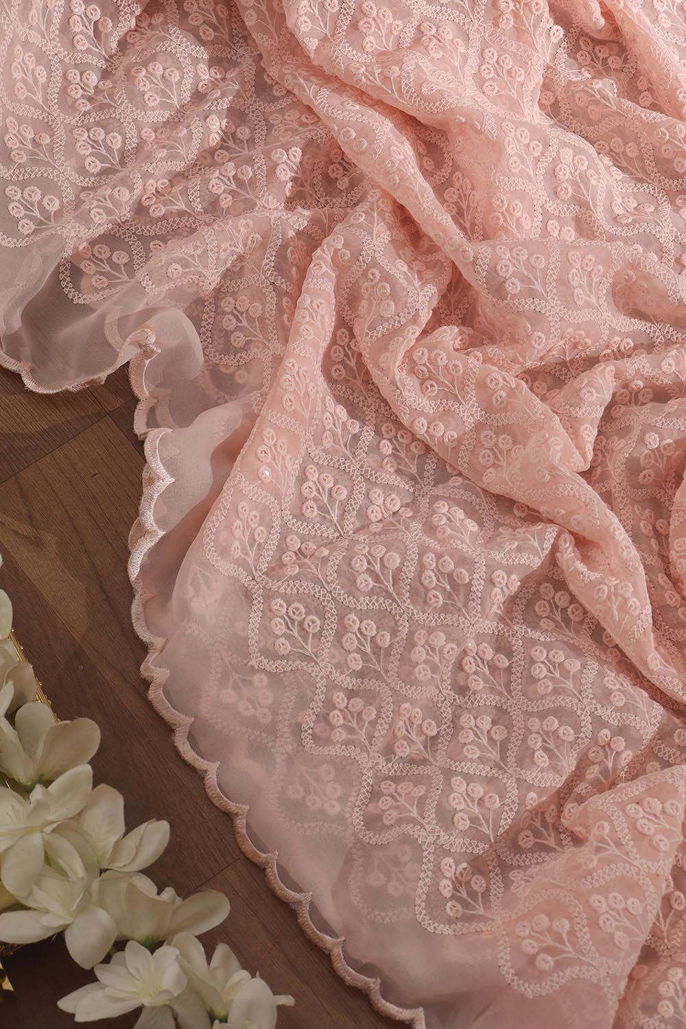 Pink Embroidered Chikankari Georgette Sequins Work Saree - Luxurion World