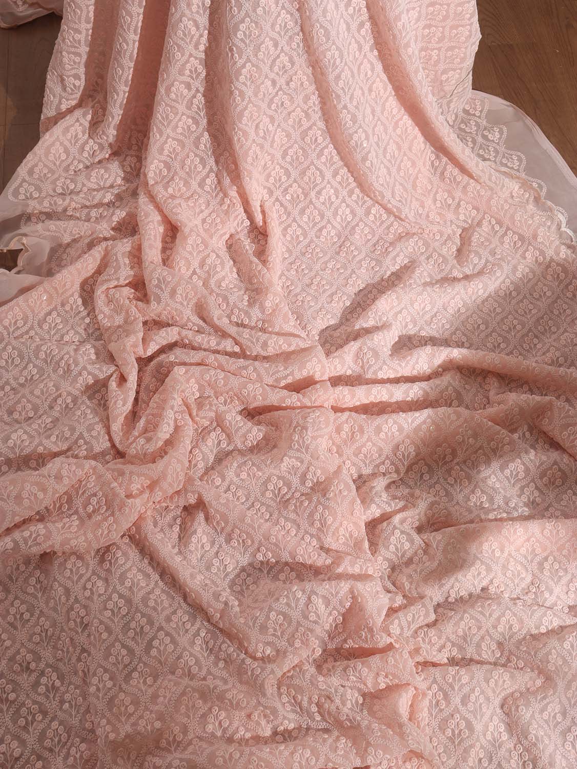 Pink Embroidered Chikankari Georgette Sequins Work Saree - Luxurion World