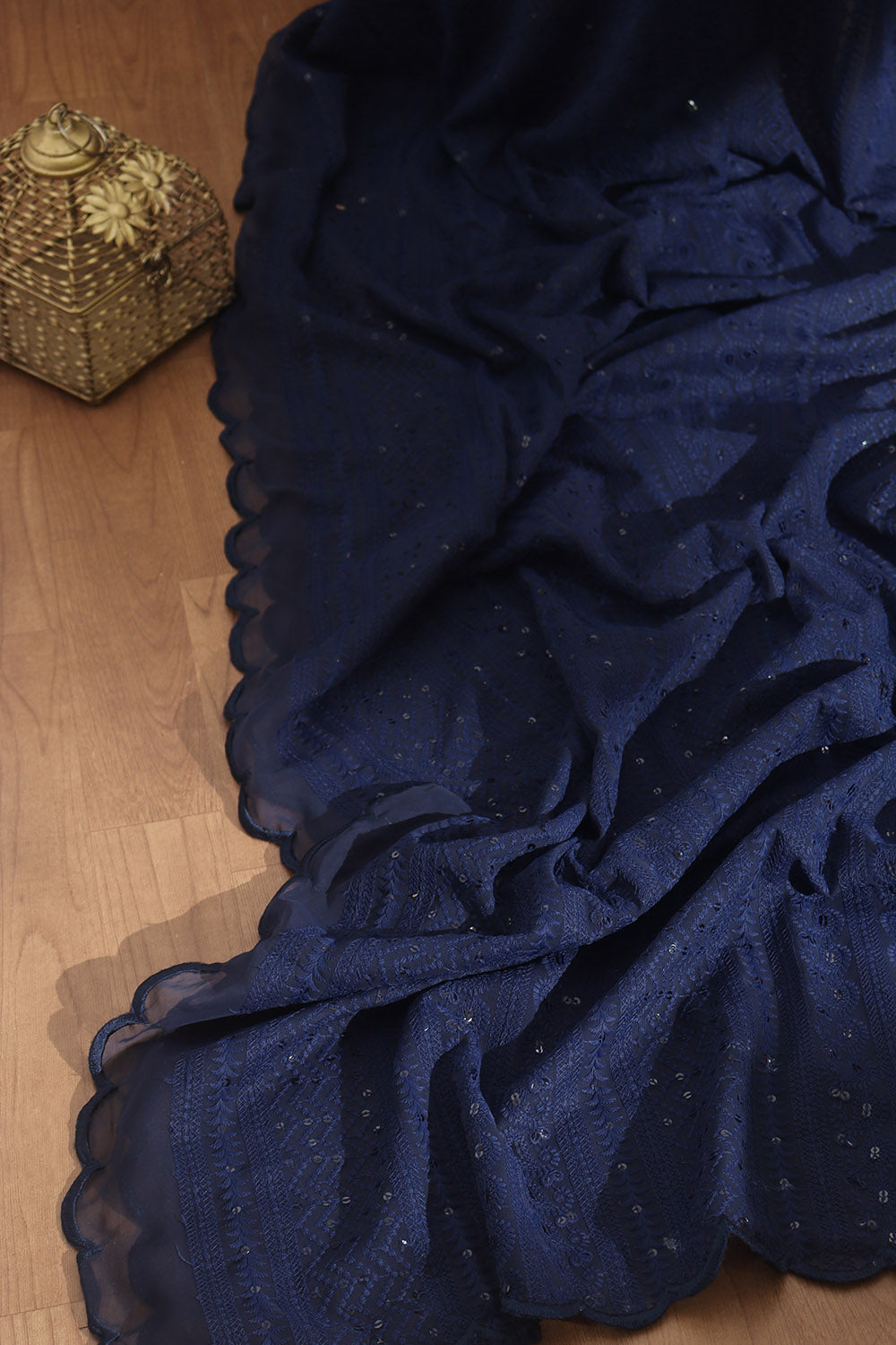 Blue Embroidered Chikankari Georgette Sequins Work Saree - Luxurion World