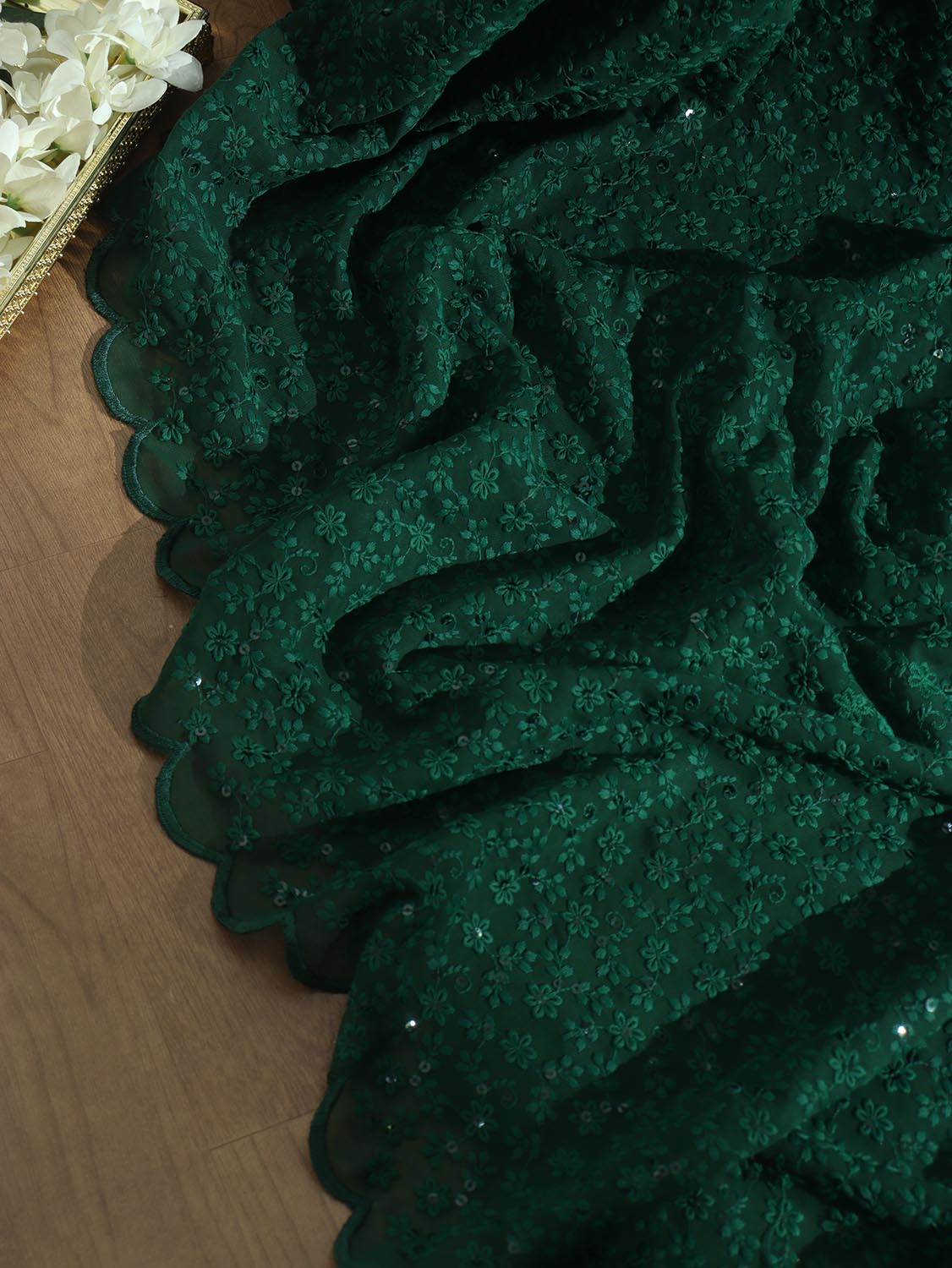 Green Embroidered Chikankari Georgette Sequins Work Saree - Luxurion World