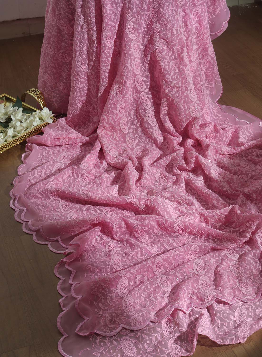 Pink Embroidered Chikankari Georgette Sequins Work Saree - Luxurion World