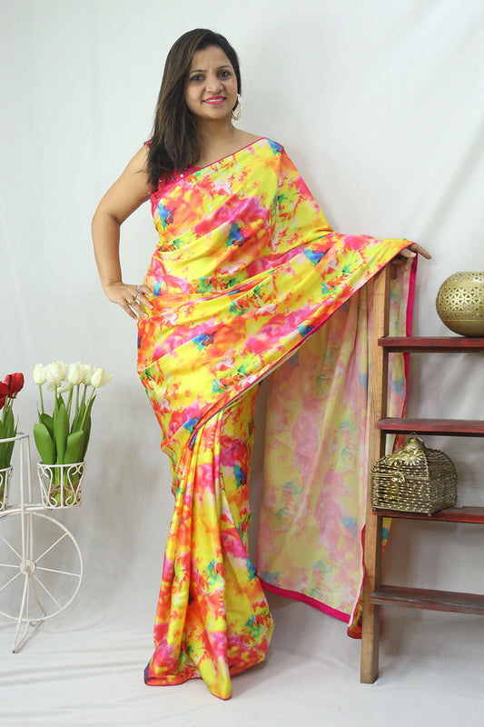 Multicolor Digital Printed Tie & Dye Satin Silk Saree - Luxurion World