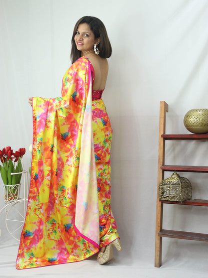 Multicolor Digital Printed Tie & Dye Satin Silk Saree
