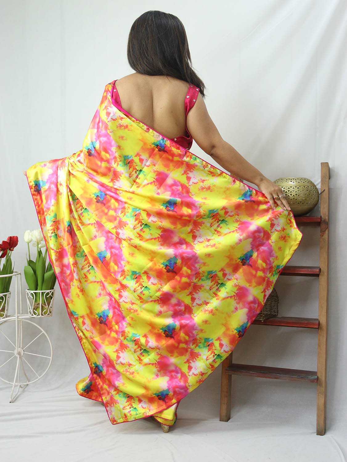 Multicolor Digital Printed Tie & Dye Satin Silk Saree - Luxurion World