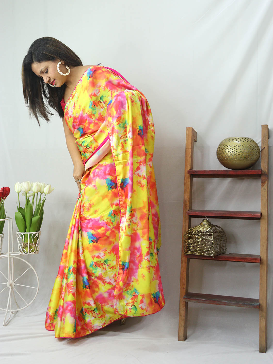 Multicolor Digital Printed Tie & Dye Satin Silk Saree - Luxurion World