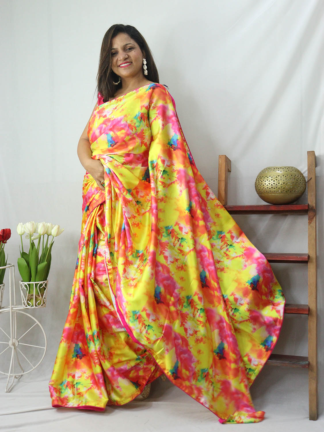 Multicolor Digital Printed Tie & Dye Satin Silk Saree - Luxurion World