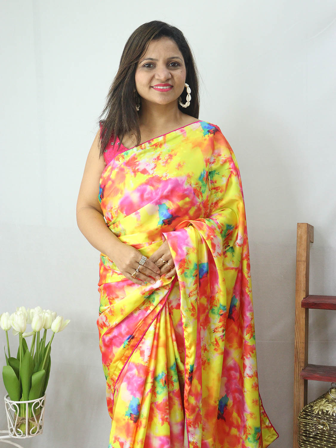 Multicolor Digital Printed Tie & Dye Satin Silk Saree - Luxurion World