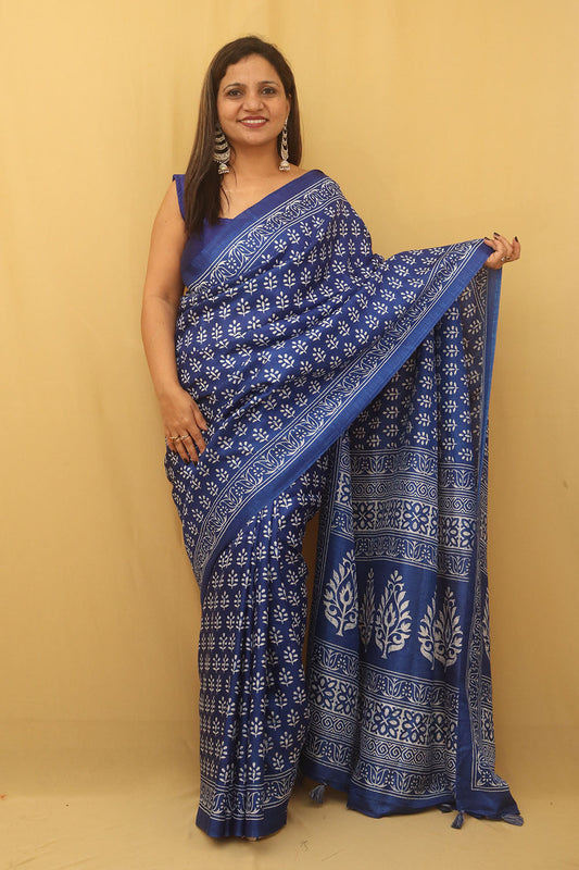 Blue Digital Printed Silk Saree