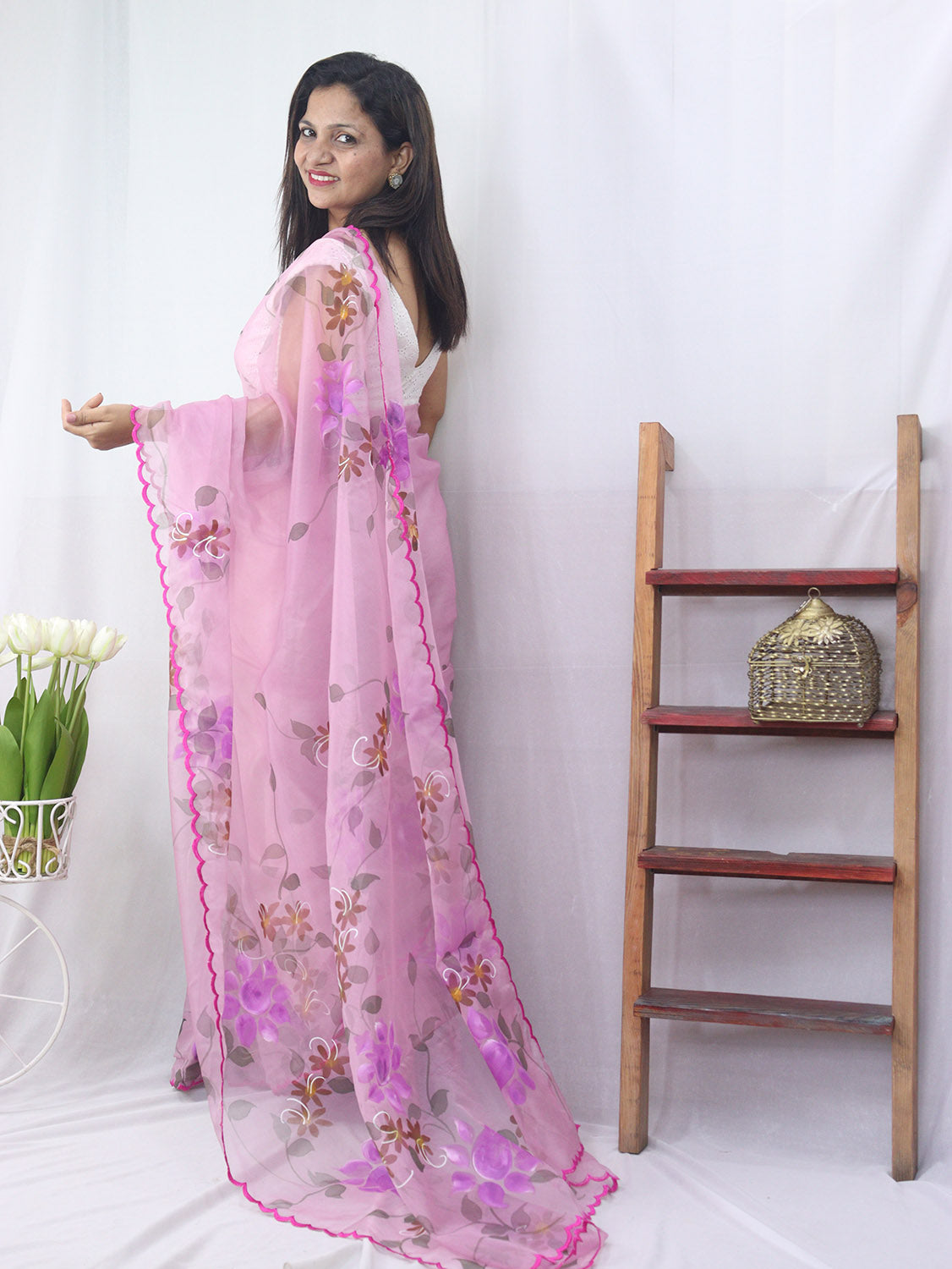 Shop the Latest Pink Hand Painted Organza Saree with Scalloped Border