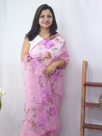 Shop the Latest Pink Hand Painted Organza Saree with Scalloped Border - Luxurion World