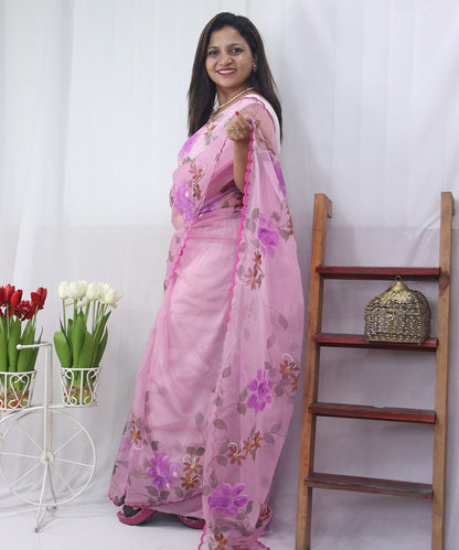 Shop the Latest Pink Hand Painted Organza Saree with Scalloped Border - Luxurion World