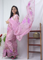 Shop the Latest Pink Hand Painted Organza Saree with Scalloped Border - Luxurion World