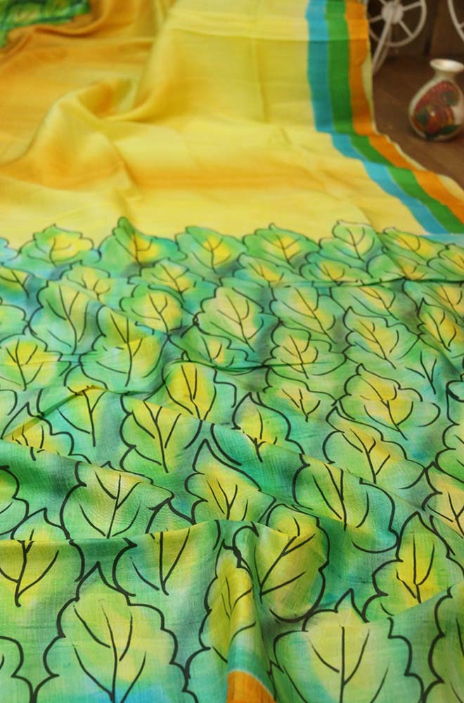 Stunning Yellow Murshidabad Silk Saree with Hand Painted Designs - Luxurion World