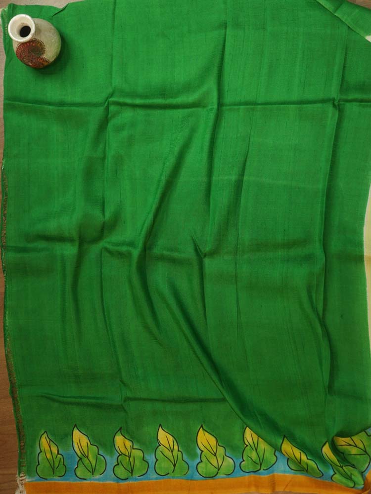 Stunning Yellow Murshidabad Silk Saree with Hand Painted Designs - Luxurion World