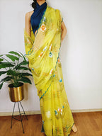 Yellow Hand Painted Organza Saree - Luxurion World