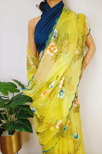 Yellow Hand Painted Organza Saree - Luxurion World