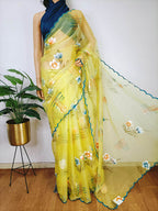 Yellow Hand Painted Organza Saree - Luxurion World