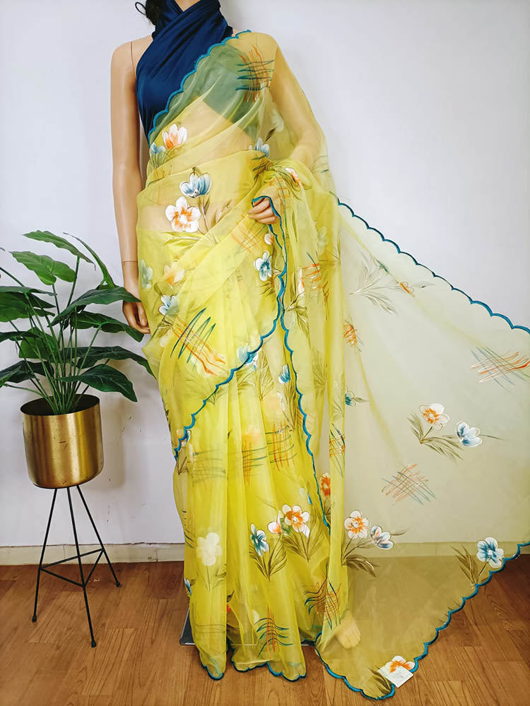 Yellow Hand Painted Organza Saree - Luxurion World