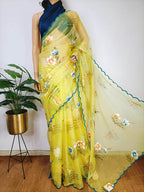 Yellow Hand Painted Organza Saree - Luxurion World
