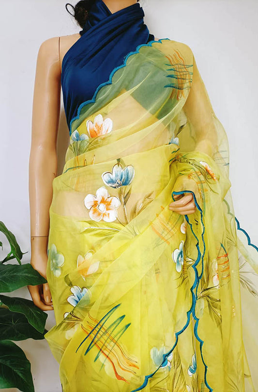 Yellow Hand Painted Organza Saree - Luxurion World