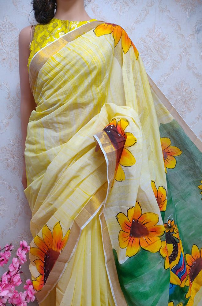 Yellow Hand Painted Pure Kerala Cotton Saree - Luxurion World