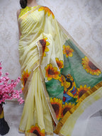 Yellow Hand Painted Pure Kerala Cotton Saree - Luxurion World