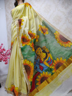 Yellow Hand Painted Pure Kerala Cotton Saree - Luxurion World