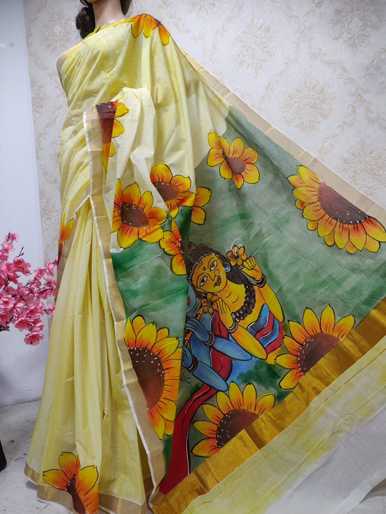 Yellow Hand Painted Pure Kerala Cotton Saree - Luxurion World