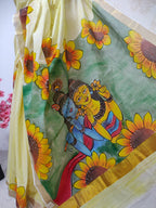 Yellow Hand Painted Pure Kerala Cotton Saree - Luxurion World