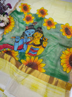 Yellow Hand Painted Pure Kerala Cotton Saree - Luxurion World