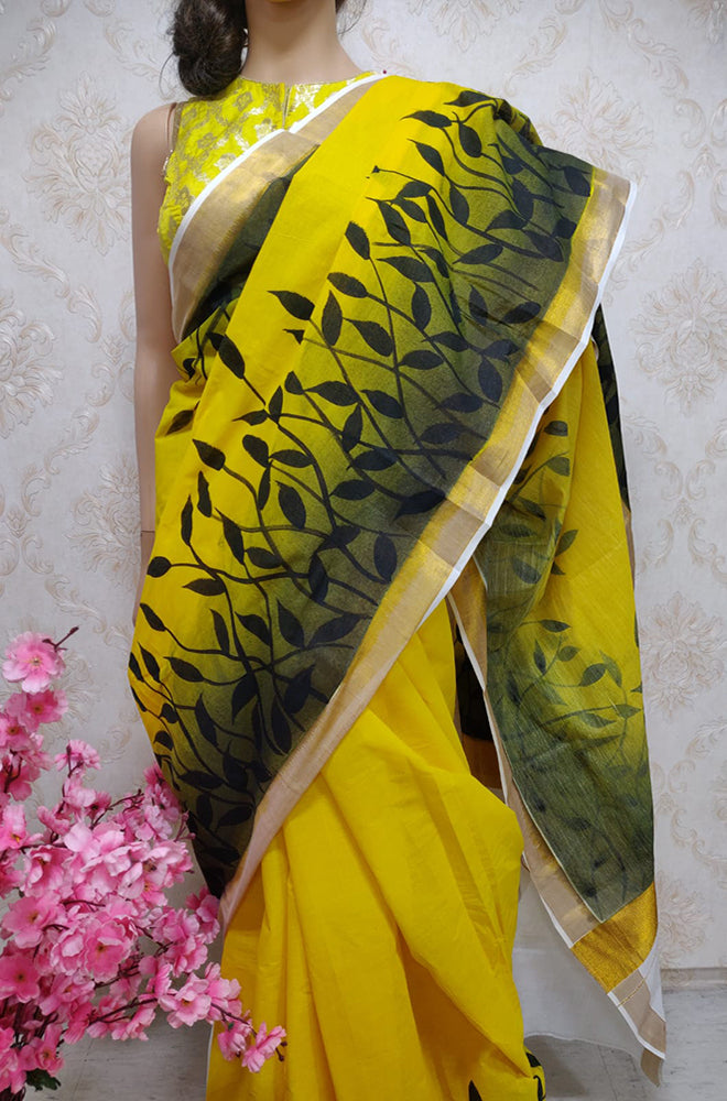 Yellow Hand Painted Pure Kerala Cotton Saree - Luxurion World
