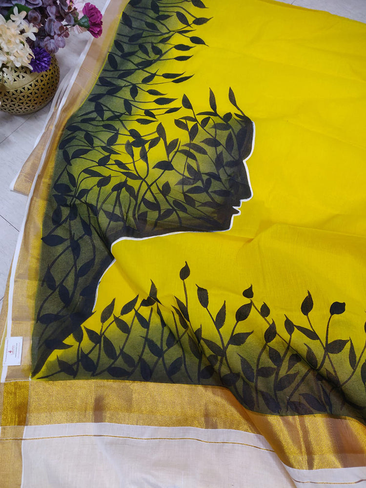 Yellow Hand Painted Pure Kerala Cotton Saree - Luxurion World