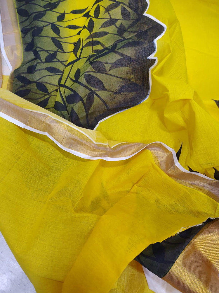 Yellow Hand Painted Pure Kerala Cotton Saree - Luxurion World