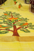 Hand-painted Kerala cotton saree - Vibrant yellow, pure elegance - Luxurion World