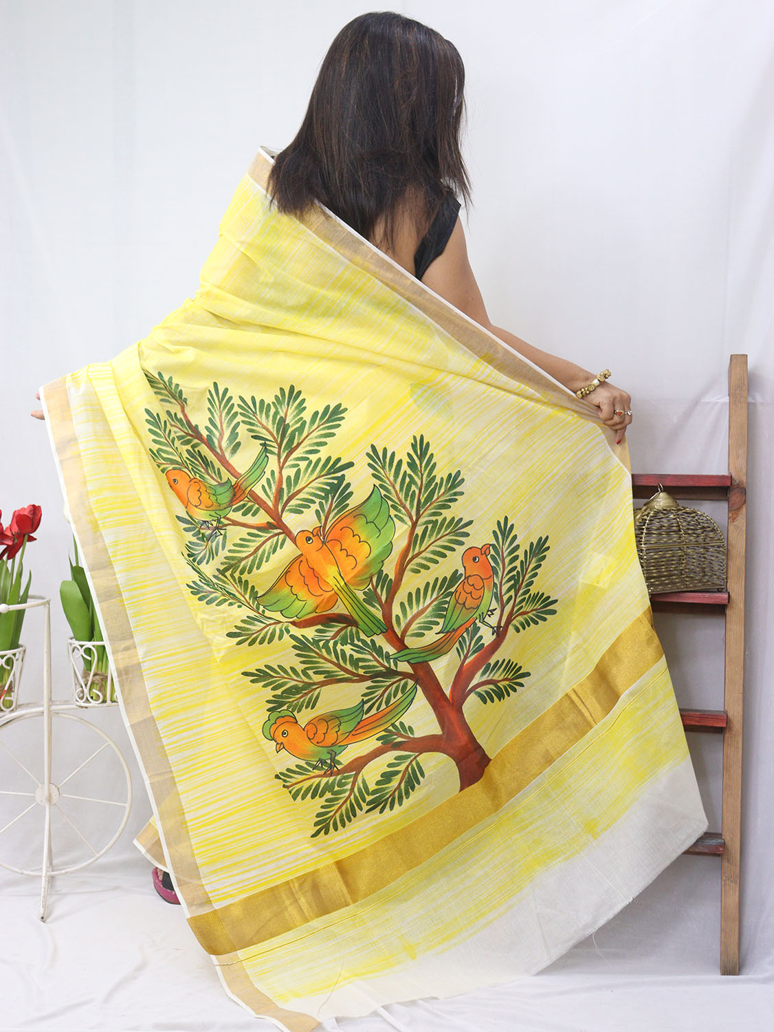 Hand-painted Kerala cotton saree - Vibrant yellow, pure elegance - Luxurion World