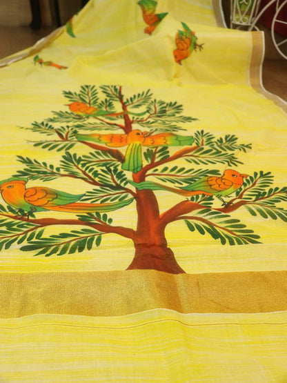 Hand-painted Kerala cotton saree - Vibrant yellow, pure elegance