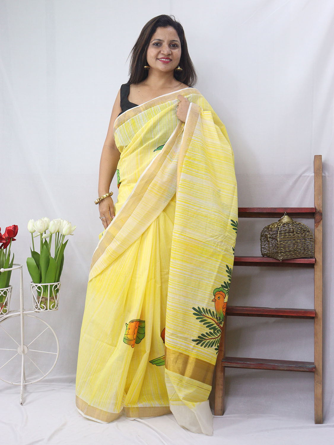 Hand-painted Kerala cotton saree - Vibrant yellow, pure elegance
