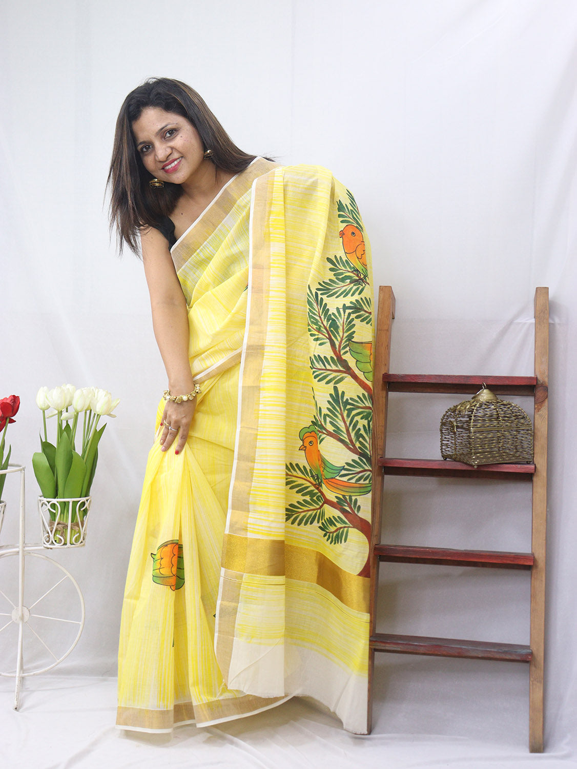 Hand-painted Kerala cotton saree - Vibrant yellow, pure elegance - Luxurion World