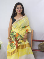 Hand-painted Kerala cotton saree - Vibrant yellow, pure elegance - Luxurion World