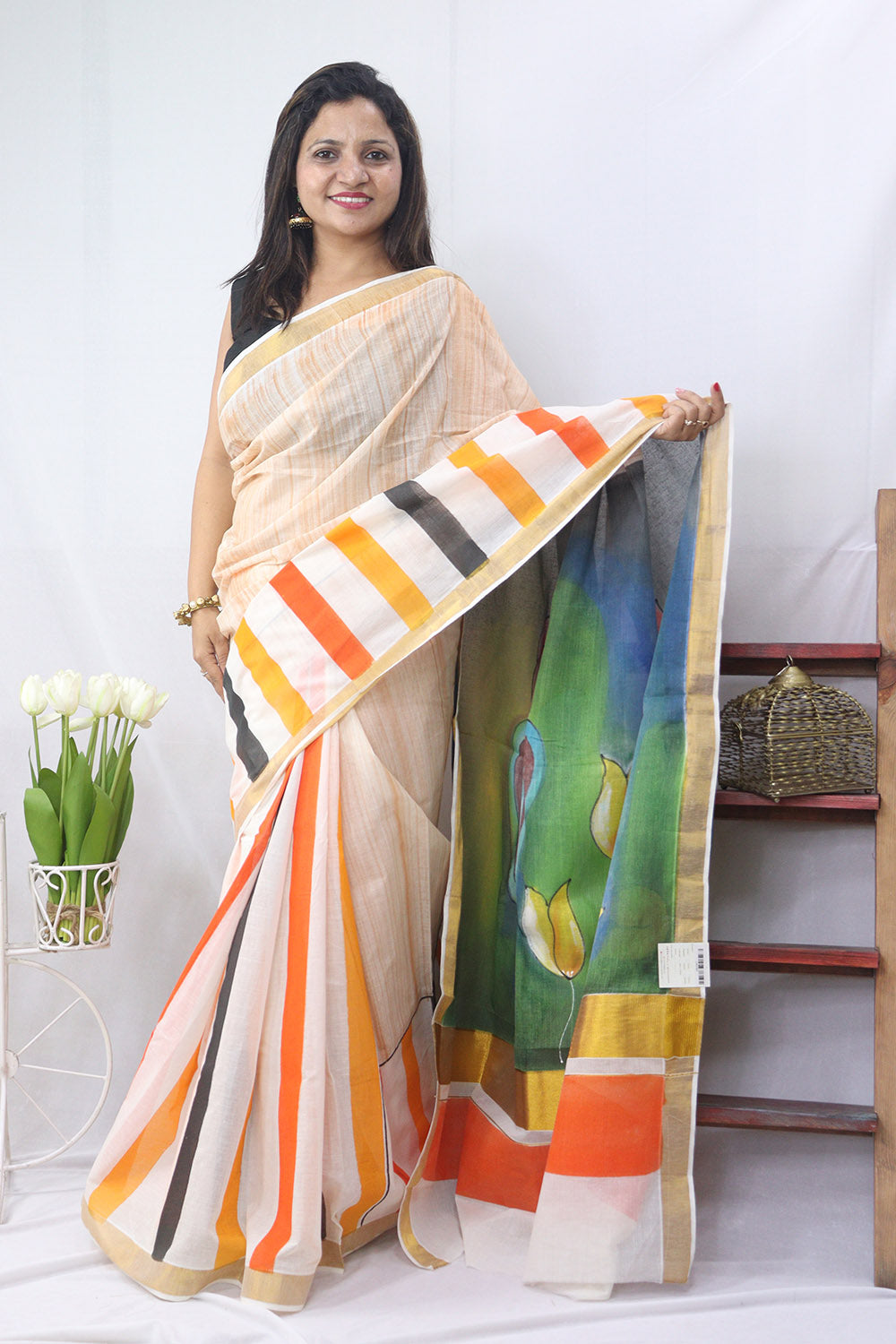 Hand Painted Kerala Cotton Saree - Vibrant Multicolor Design - Luxurion World