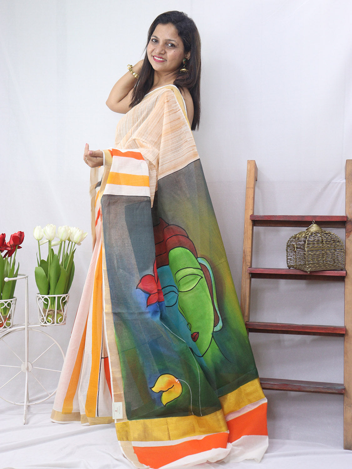 Hand Painted Kerala Cotton Saree - Vibrant Multicolor Design - Luxurion World