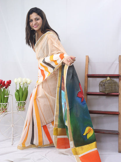 Hand Painted Kerala Cotton Saree - Vibrant Multicolor Design - Luxurion World