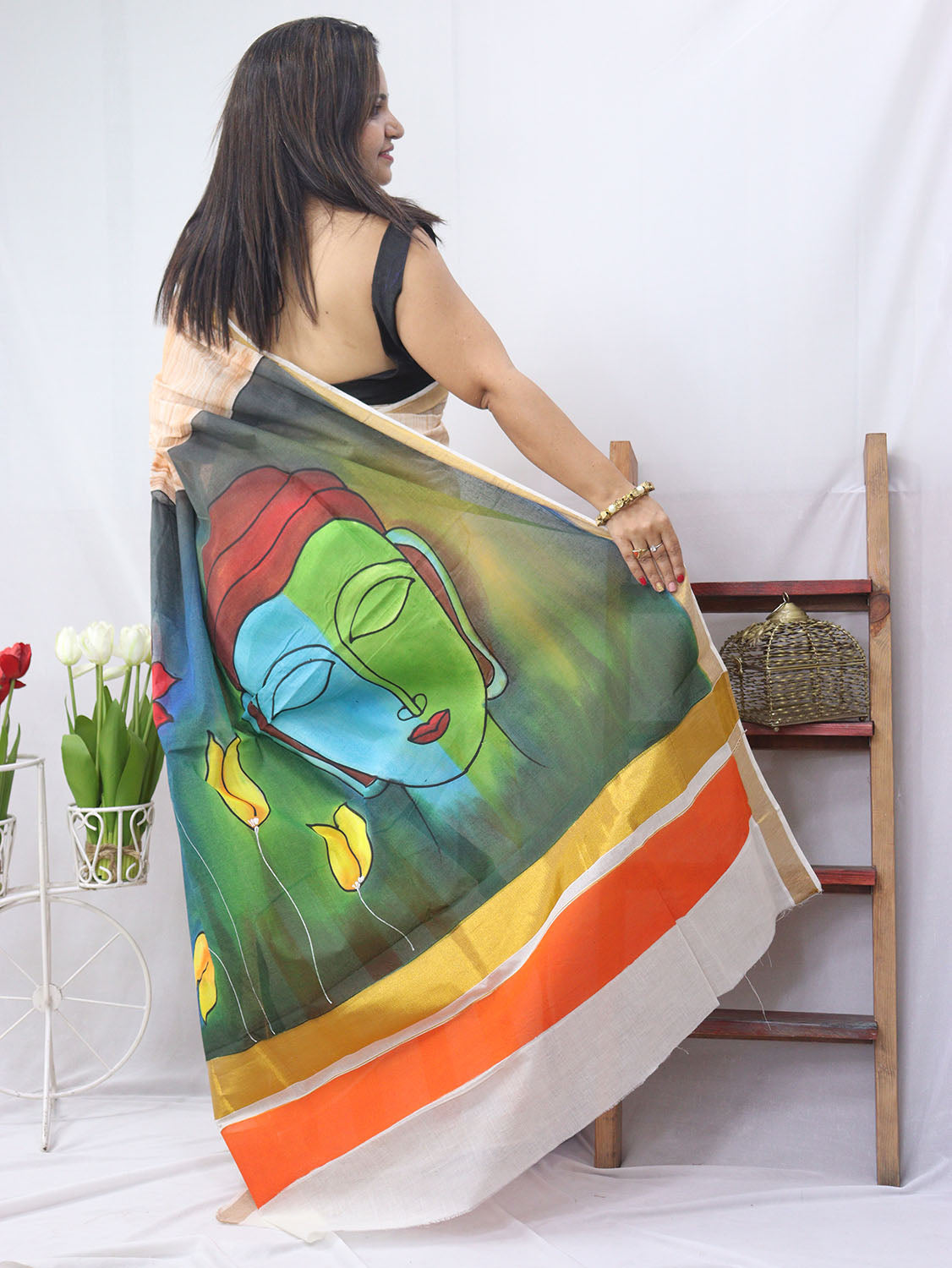 Hand Painted Kerala Cotton Saree - Vibrant Multicolor Design - Luxurion World