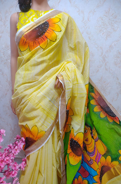 Yellow Hand Painted Pure Kerala Cotton Saree