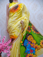 Yellow Hand Painted Pure Kerala Cotton Saree - Luxurion World