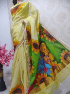 Yellow Hand Painted Pure Kerala Cotton Saree - Luxurion World