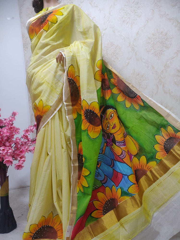 Yellow Hand Painted Pure Kerala Cotton Saree - Luxurion World