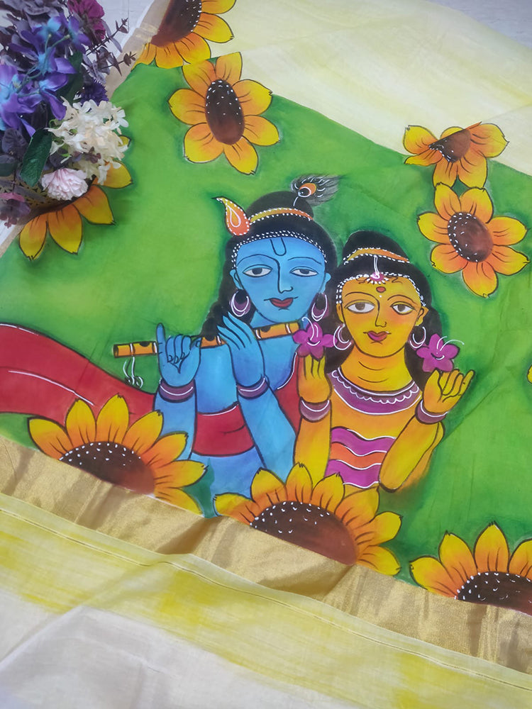 Yellow Hand Painted Pure Kerala Cotton Saree - Luxurion World